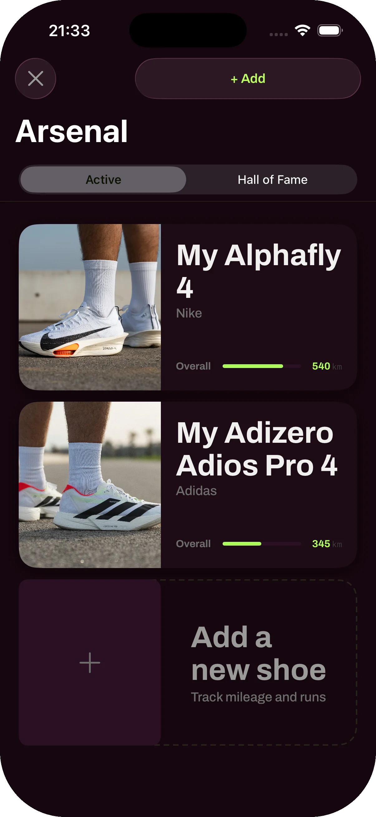 Smart Runner Arsenal screen on iPhone with two active running shoes, Nike Alphafly 4 at 540 km and Adidas Adizero Adios Pro 4 at 345 km, plus an Add a new shoe tile