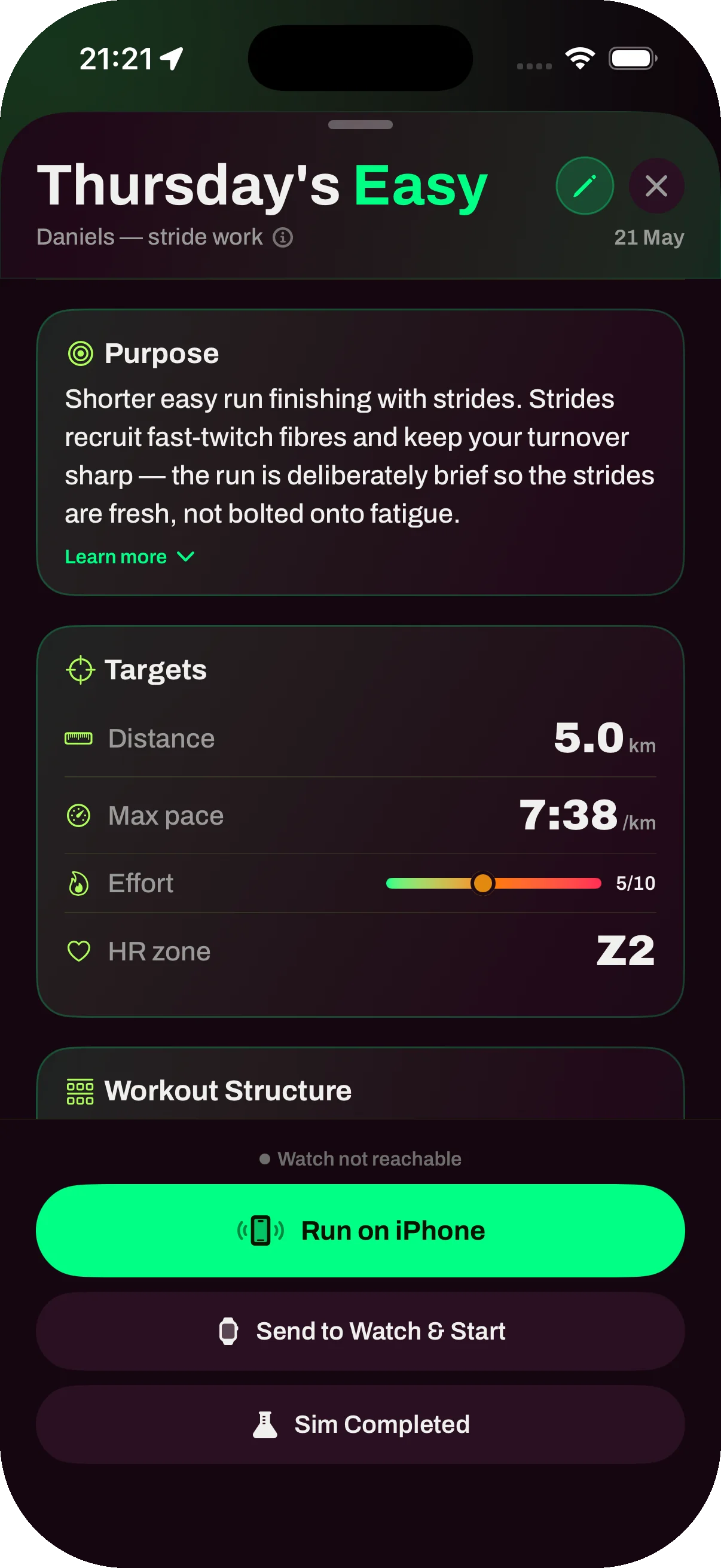 Smart Runner workout briefing for Thursday's Easy run with Purpose, Targets (5 km, 7:38 max pace, Z2), and Workout Structure