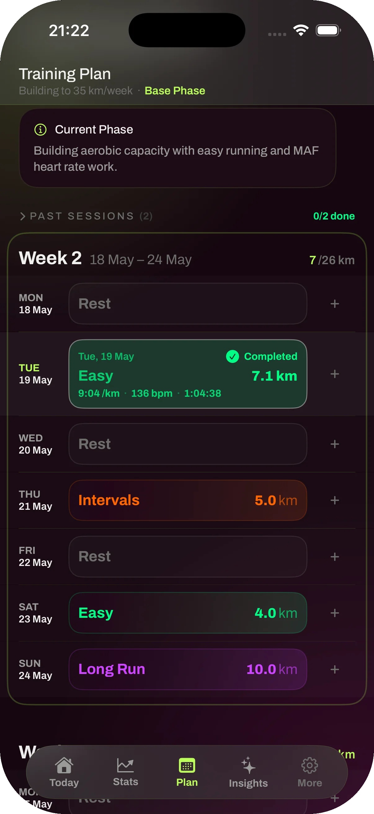 Smart Runner adaptive training plan on iPhone, Week 2 Base Phase with Easy, Intervals, Long Run and rest days color-coded by workout type