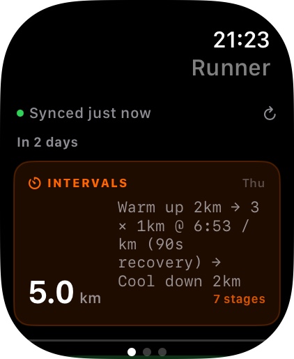 Smart Runner on Apple Watch Ultra showing Thursday's Intervals workout, 5 km with 7 stages and 6:53/km targets